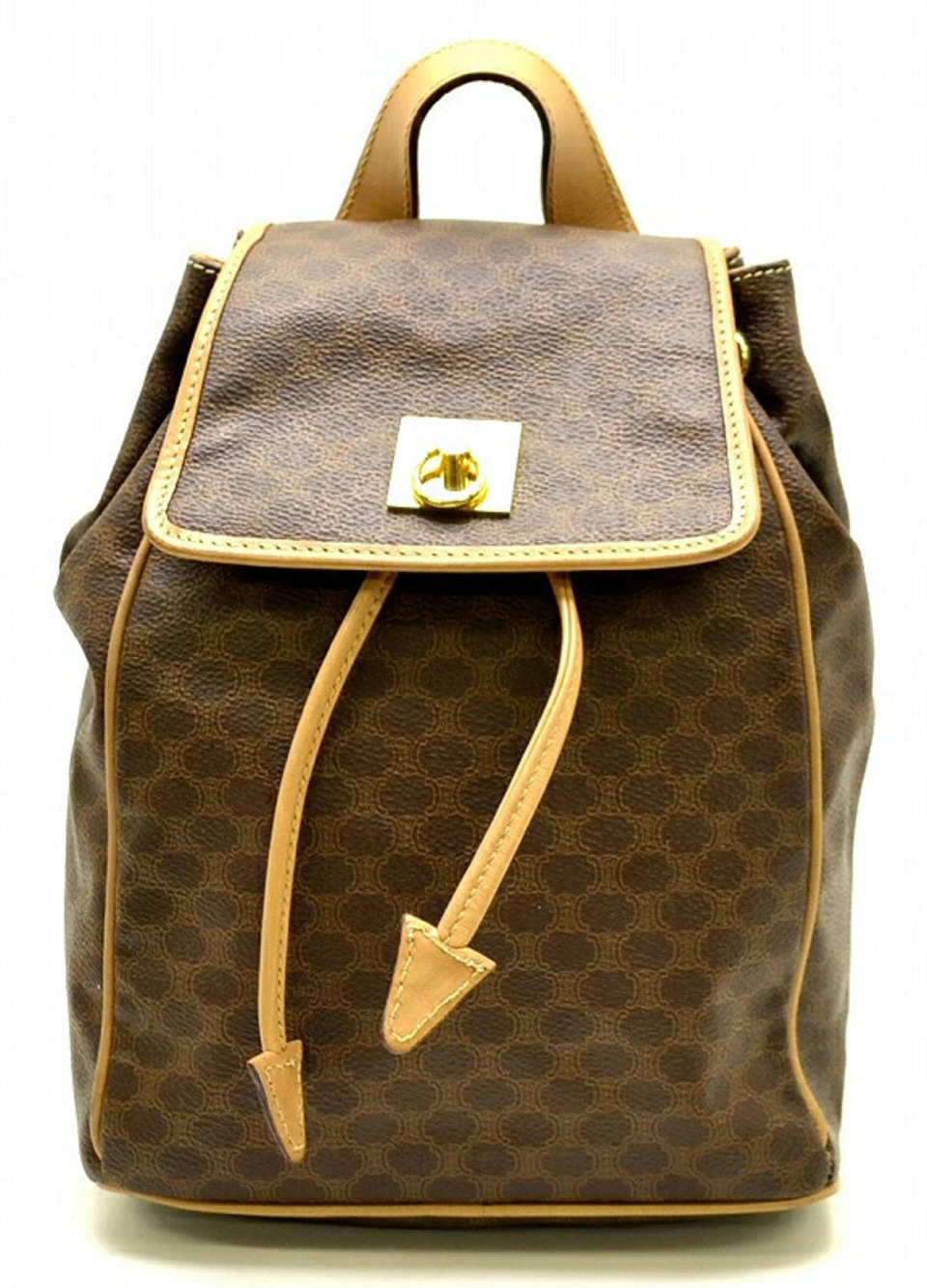 Celine Macadam Backpack Rucksack Daypack Drawstring Leather Brown Dark